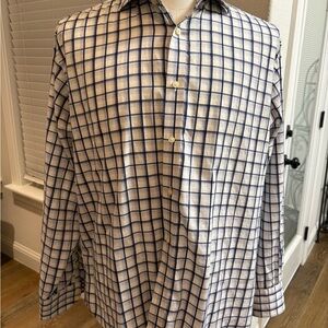 Thomas Dean Blue and White Checkered Dress Shirt